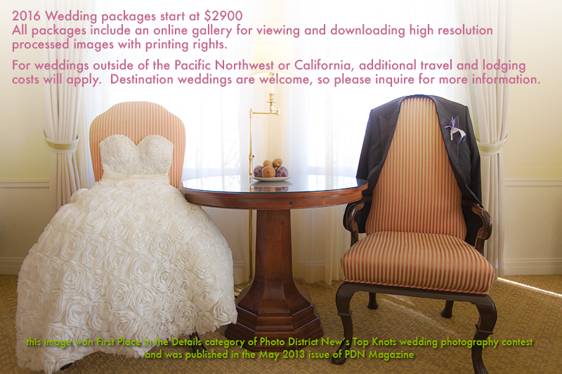 wedding gown and groom's tuxedo, first place winning image in PDN maganize Top Knot wedding photo contest, May issue.  
All packages include an engagement session, an online gallery for viewing and ordering prints, and a DVD of your high resolution processed images with printing rights.

For weddings outside of Southern California, additional travel and lodging costs will apply.  Destination weddings are welcome, so please inquire for more information.