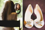 bride putting on lipstick and bridal shoes